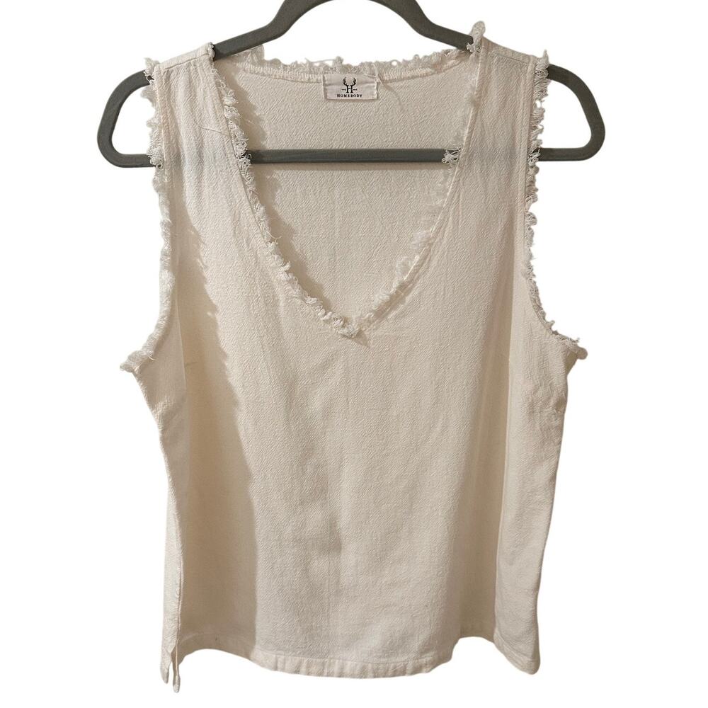 Sleeveless Fringe Trim V-Neck Tank Top - Cream
